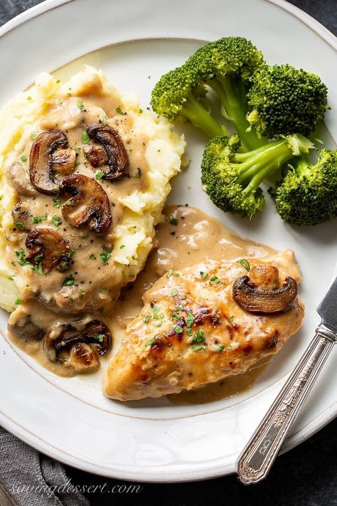 Tender and flavorful, this Skillet Chicken and Mushroom Wine Sauce is easy enough for a weeknight family dinner and good enough for an elegant dinner party with your best company. #chickenmushroomsrecipes #chickenandmushroomsrecipe #skilletchicken #tenderchicken #easychicken #mushroomsauce #mushroomwinesauce #dinner #companyworthymeal #mushroomsauce Chicken With Mushroom, Mushroom Wine Sauce, Plats Healthy, Chicken And Mushroom, Chicken Healthy, Idee Pasto, Elegant Dinner Party, Best Company, Makanan Diet