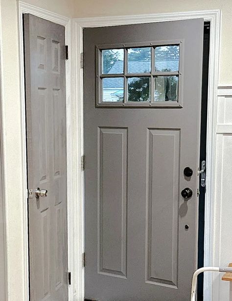 DIY painted interior doors Interior Doors Painted Gray, Gray Interior Front Door, Interior Doors Color, Paint Interior Front Door, Door And Trim Colors Interior, Inside Door Color, Painted Interior Doors Ideas, Indoor Door Colors, Paint Doors Interior