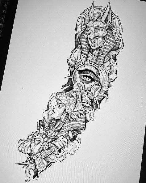 Egyptian Goddess Tattoo Sleeve, Tattoo Sleeve Linework, Nefertiti Tattoo Design, Egyptian Tattoo For Women, Egyptian Goddess Tattoo, Hals Tattoo Mann, Nefertiti Tattoo, Egyptian Eye Tattoos, Egyptian Tattoo Sleeve