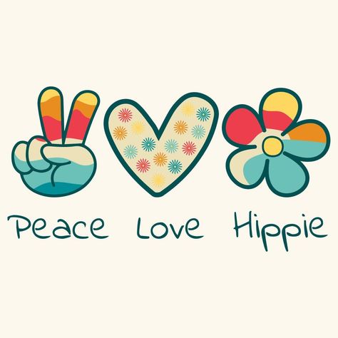 icono, pegatina en estilo hippie con texto amor, paz, hippie y corazón, signo de victoria y flor sobre fondo beige en estilo retro. Peace And Love Tattoo, Hippie Background, Paz Hippie, Victory Sign, Text Love, Joker Tattoo, Estilo Hippy, Cowgirl Art, Hippie Chick