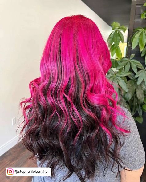 Pink On Top Black On Bottom Hair, Pink Hair With Black Underneath, Pink Hair Black Tips, Pink Hair With Black, Pink Underneath Hair, Witchy Hair, Underneath Hair Color Ideas, Underneath Hair Color, Pink And Black Hair