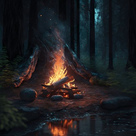 Campfire in the Woods is a stunning art piece that captures the magic and serenity of a night in the wilderness. This masterpiece depicts a cozy campsite nestled in a dense forest, with a blazing campfire at its center. The warm glow of the fire invites character to the surrounding trees, giving the scene a sense of warmth and comfort. The use of soft, muted colors adds to the peaceful atmosphere, making it feel as if the viewer is right there by the fire. The intricate detail in the branches of Fantasy Product Photography, Campfire At Night, Fire In The Woods, Campfire In The Woods, Forest Campfire, Fantasy Woods, Campfire Art, Campfire Night, Fire Camp