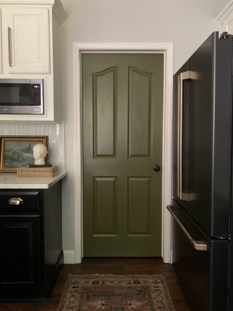 New Kitchen Lighting, Rugs, & Beams! - Haneen's Haven Sherwin Williams Palm Leaf, Green Pantry Door, Painted Pantry Doors, Interior Door Color, Sage Green Paint Color, Olive Green Paints, Painted Pantry, Powder Room Renovation, Sage Green Paint