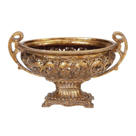 "Find the 19\" Gold Traditional Decorative Bowl Accent with Stand at Michaels. com. This Ancient Greece-inspired accent features a rich set of cut-out floral finishes, fancy ornate handles, and a base in tarnished gold. This Ancient Greece-inspired accent features a rich set of cut-out floral finishes, fancy ornate handles, and a base in tarnished gold. It's perfect for vintage and rustic-themed home interiors. Details: Gold 12\" x 19\" x 10\" Resin For indoor use only | 19\" Gold Traditional De Traditional Style Living Room, Resin Bowl, Resin Decor, Roman Gods, Understated Luxury, Decorative Bowl, Fruit Bowl, Joss And Main, Plates And Bowls