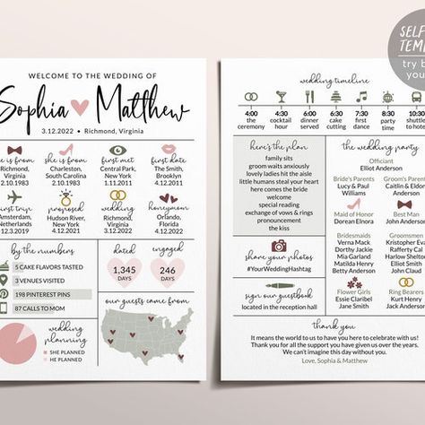 Infographic Wedding Program Template Editable Reception - Etsy Australia Wedding Programs Funny, Order Of Ceremony, Fun Wedding Programs, Rustic Wedding Programs, Wedding Infographic, Unique Wedding Programs, Printable Wedding Programs, Rustic Wedding Diy, Wedding Programs Template