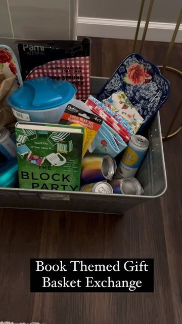 Themed Book Baskets, Book Exchange Basket, Book Basket Party, Book Basket Exchange Party, Book Club Basket Ideas, Book Basket Exchange, Book Gift Basket Ideas, Book Basket Ideas, Book Basket Gift