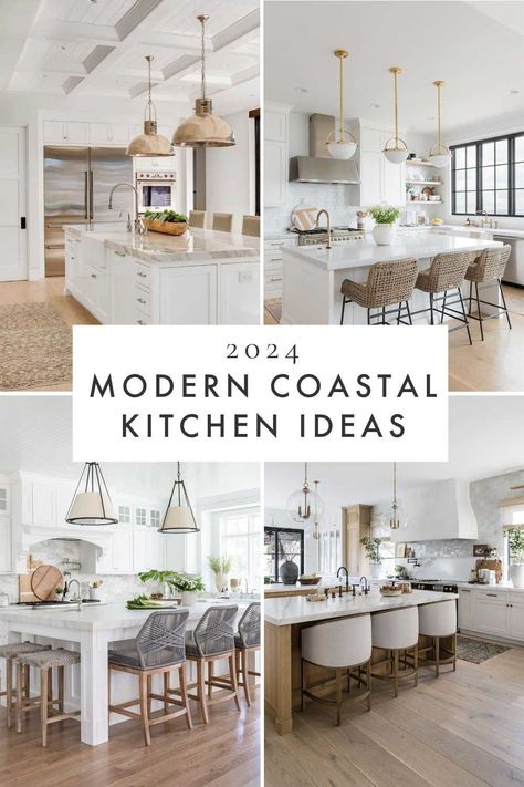 Beautiful modern coastal kitchen design ideas, with 2024 kitchen cabinet trends, white oak and white cabinets, California casual style kitchens, designer kitchen ideas, dream kitchens, kitchen interior design and decor, modern beach house kitchen ideas, and more Coastal Modern Kitchen Ideas, Modern Coastal Kitchen Island, Modern Farmhouse Coastal Kitchen, White Beach Kitchen Ideas, Coastal Classic Kitchen, Coastal Chic Interior Design Kitchen, Cute Beach House Kitchen, Coastal Kitchen And Dining Room, Kitchen Coastal Decor