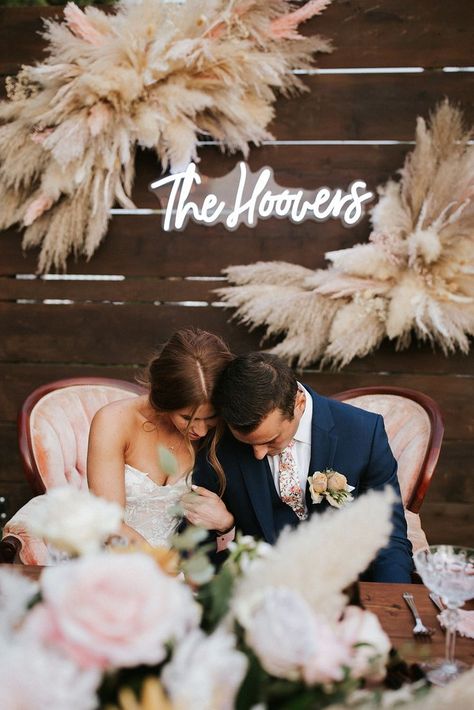 Backdrop With Pampas, Garden Wedding California, Wedding With Pampas, Head Table Wedding Backdrop, Romantic Backyard Wedding, Vintage Loveseat, Head Table Backdrop, Clovis California, Romantic Backyard