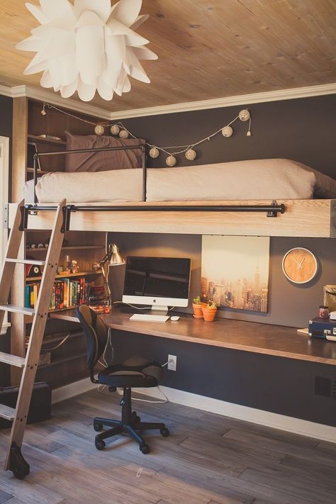 Boys Loft Bedroom, Boys Loft Beds, Loft Bed Ideas For Small Rooms, Bedroom Pictures Ideas, Loft Bed Desk, Loft Beds For Small Rooms, A Loft Bed, Loft Style Bedroom, Beds For Small Rooms