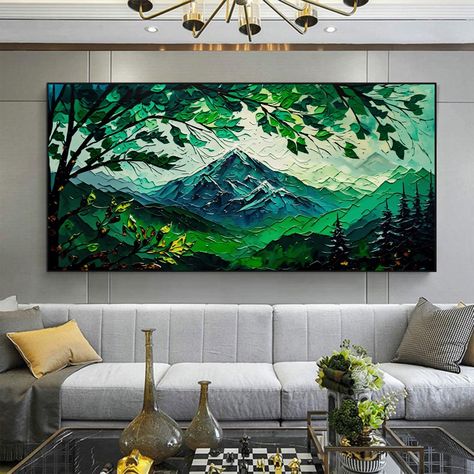 Large Horizontal Wall Art, Wall Art Leaves, Mountain Oil Painting, Simple Oil Painting, Art Leaves, Horizontal Wall Art, Painting Living Room, Canvas Painting Landscape, Abstract Flower Painting