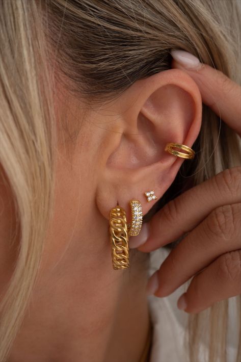 Perfect your earring stack with our Kira Hoops, Pave Gold Baby Hoops, Raye Studs, and our Rowan Cuff Gold Earring Placement, Triple Stack Earrings, Minimal Gold Ear Stack, Earring Stack 3 Lobe, Three Hole Earring Stack, Gold Jewelry Earring Stack, Clean Girl Earring Stack, Gold Hoop Earring Stack, Preppy Earring Stack