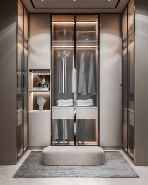 master bedroom on Behance Modern Contemporary Walk In Wardrobe, Luxury Wadrobe Designs, Walking Wardrobe Master Bedrooms, Wardrobe Luxury Design, Master Wardrobe Design, Luxurious Wardrobe Design, Wardrobe Room Ideas, Modern Walk In Closet Design, Modern Contemporary Wardrobe