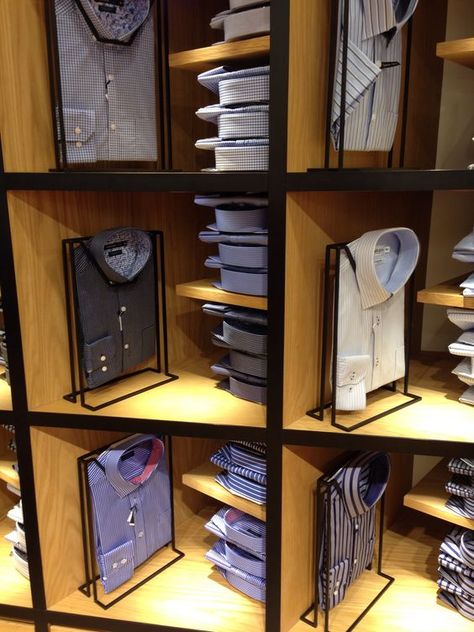 Shirt Display Ideas Retail Store Design, Shirt Display Ideas, Mens Shoe Storage, Mens Store Display, Fashion Store Design, T-shirt Display, Shoe Storage Ideas, Clothing Store Displays, Retail Store Interior Design