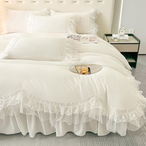 PRICES MAY VARY. ★2 Piece Duvet Cover：The white duvet cover including : 1 *Twin Duvet Cover: 68 X 90 inches +1* Pillow Shams: 20 X 26 inches,NO Including Comforter! ★ Lace Ruffled Design: Lace Ruffled design on the edge of duvet cover and pillowcases ,charming appeal to your bedroom décor.This gorgeous lace princess duvet cover sets will fill your bedroom with romance and sweetness. ★ Polyester Material:Soft, 100% polyester microfiber construction,wrinkle-resistant fabric.Breathable, Comfortable Pink Coquette Bedding, Princess Ruffle Bedding, Coquette Bedsheets, Lace Canopy Bed, Pink And White Bedding, White Bed Spread, Cute Comforters, Coquette Bedding, Cute Bedspreads