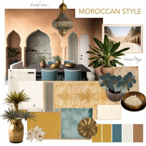 "Whether you are a homeowner or a professional designer, this moodboard is an invaluable resource that will save you time and provide a solid foundation for discussions. As a homeowner, you can use this board as a starting point for discussing your vision with a professional designer. For professional designers, this moodboard can be a powerful tool for client presentations, providing a visual representation of potential design directions for your project. With its cohesive and thoughtful design Moroccan Style Interior Design, Moodboard Template, Arabic Interior Design, Moroccan Style Home, Moroccan Houses, Moroccan Interior Design, Design Marocain, Moroccan Style Interior, Mediterranean Interior Design