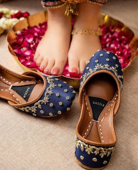 Dazzle on Instagram: “#DazzleFestive Coming Soon ‘Azure’ Juttis A beautifully detailed neckline done in a silver colored dabka with accents of gold. 🤩 Azure…” Jutti Design, Pakistan Shoes, Bridal Jutti, Navy Blue Shoes, Online Shopping Shoes, Bridal Heels, Fancy Shoes, Womens Wedding Shoes, Boho Bridal