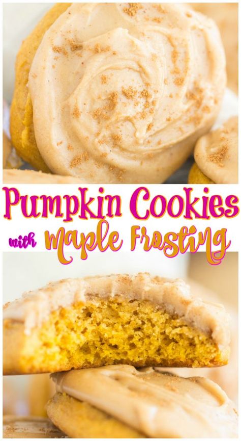 The Gold Lining Girl | Pumpkin Cookies with Maple Frosting | https://thegoldlininggirl.com Soft Pumpkin Cookies With Maple Frosting, Maple Pumpkin Cookies, Pumpkin Cookies Vegan, Maple Frosting Recipe, Frosted Pumpkin Cookies, Iced Pumpkin Cookies, Autumn Spices, Vegan Pumpkin Cookies, Maple Icing