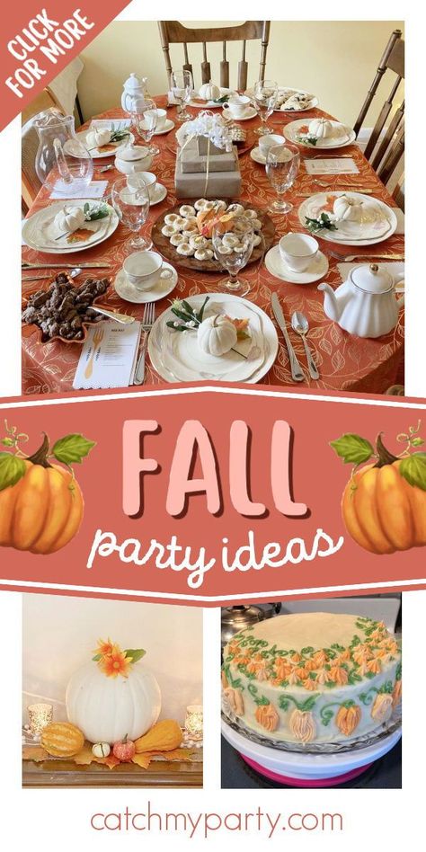 Take a look at this gorgeous Fall tea party! The table settings are beautiful! See more party ideas and share yours at CatchMyParty.com Thanksgiving Tea Party Ideas, Fall Tea Party Ideas Decorations, Fall Tea Party Food, Fall Tea Parties, Fall Tea Party Decorations, Fall Tea Party Ideas, Thanksgiving Tea Party, Fall Tea Party, Graduation Tea