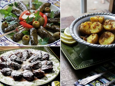 A menu from Qatar (2 vegan, 1 vegetarian) Recipes From Qatar, Vegetarian Grape Leaves Lebanese, Lusail Qatar, Fixture Qatar 2022, Stuffed Grape Leaves, Sliced Tomato, Sliced Potatoes, Fresh Mint, Authentic Recipes