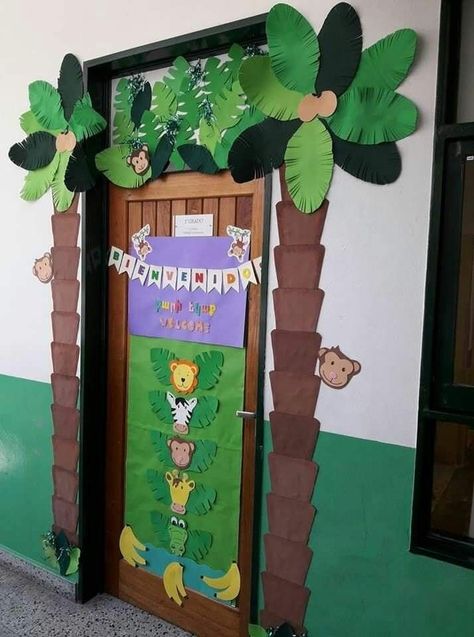 Jungle Classroom Door, Jungle Theme Classroom Decorations, Rainforest Classroom, Safari Theme Classroom, Jungle Crafts, Jungle Theme Classroom, Rainforest Theme, Jungle Decorations, Deco Jungle