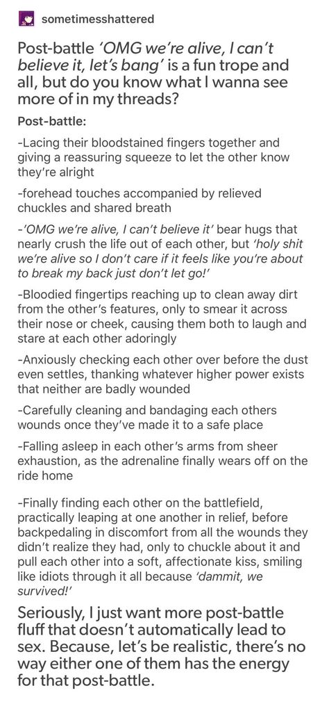 Now imagine your protagonist(s) watching your antagonist get this kind of reunion after a battle. Otp Prompts Tension, Protagonist Writing Tips, Character Pet Peeves List, Battle Writing Prompts, Character Pet Peeves, Cyberpunk Writing Ideas, Building Tension In Writing, Imagine Your Oc Writing Prompts, Writing A Protagonist