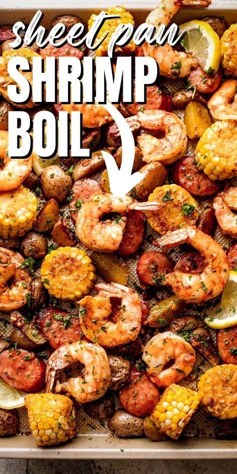 Super-easy and perfect for a busy weeknight, this Sheet Pan Shrimp Boil is a quick oven-baked version of the Southern classic! Jumbo shrimp, andouille sausage, potatoes, and corn are coated with a buttery garlic spice mixture and baked to a juicy perfection. Sheet Pan Seafood Bake, Louisiana Shrimp Bake, Sheet Pan Cajun Shrimp Boil, Sausage Shrimp Potatoe Bake, Shrimp Boil Baked In Oven, Easy Shrimp Sheet Pan Recipes, Sheet Pan Shrimp Bake, Shrimp Corn Sausage Potatoes Boil In Oven, Baked Shrimp Potatoes