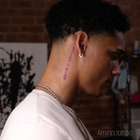 Small Men’s Neck Tattoos, Text Tattoo On Neck, Neck Word Tattoo Men, Name On Neck Tattoo Men, Behind Ear Men Tattoo, Behind Ear Word Tattoo, Neck Tattoo For Guys Words, Neck Tattoo For Guys Small Words, Word Neck Tattoo Men