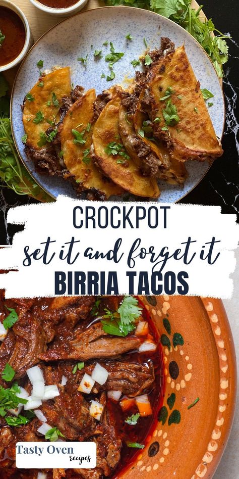 If you're looking for an amazing and easy recipe for birria in a crock pot, this is it! Made from tender cuts of beef and a Mexican-inspired sauce that's full of richness and warming flavor, Slow Cooker Birria is guaranteed to please. Enjoy in its original form as a stew or use to make those infamous birria tacos! Birria Crock Pot Recipes, Gf Slow Cooker Recipes, Birra Crock Pot, Chuck Roast Birria Tacos Crockpot, Easy Slow Cooker Birria Tacos, Pot Roast Tacos Slow Cooker, Birria In Crock Pot, Beef Brisket Tacos Crock Pot, Crockpot Barrio Tacos