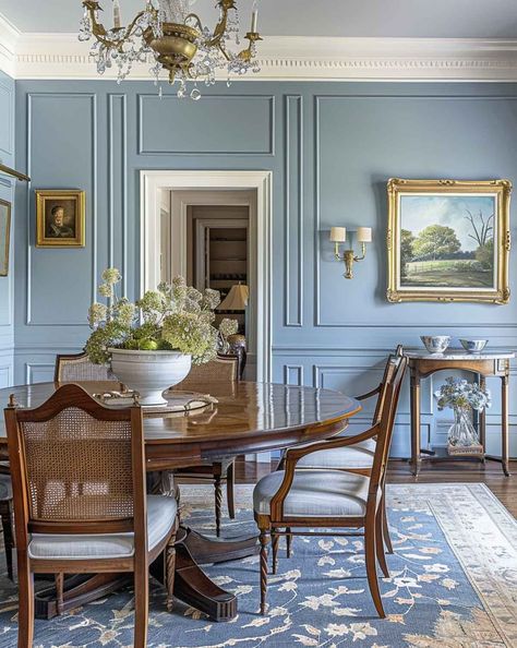 Choosing the right paint color for a room can be a daunting task. Here's how to pick paint colors for your space without stress or mistakes. Box Trim In Dining Room, Dining Room With Crown Molding, Chair Rail Molding Dining Room, Best Paint Colors For Dining Room, Blue Wainscoting Dining Room, Blue Gray Dining Room Walls, Regal Dining Room, English Style Dining Room, Moody Traditional Dining Room