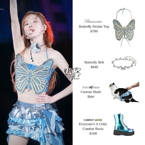 Kpop Butterfly Top, Butterfly Belt Outfit, Butterfly Top Outfit, Blumarine Butterfly, Winter Butterfly, Butterfly Outfit, Butterfly Belt, Outfit Kpop, Butterfly Top