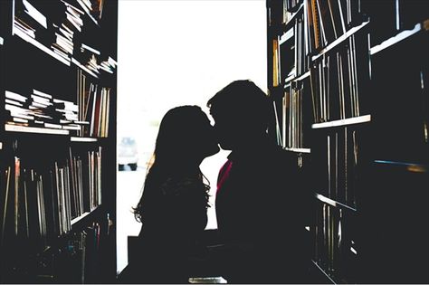 kissing in the library (photo by white rabbit studios) Library Kiss, Library Romance, Silhouette Kissing, Massage Cream, Mountain Engagement Session, Anniversary Photo, Books Photo, Photographs Ideas, Mountain Engagement