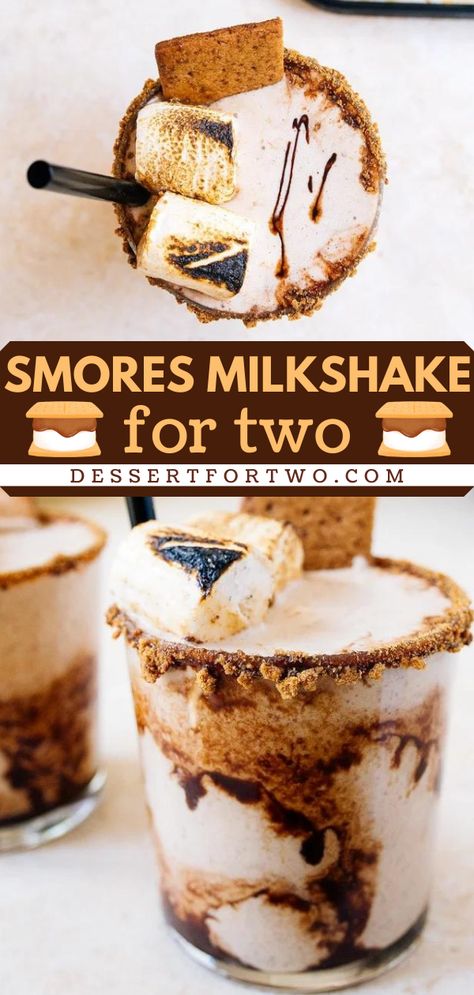 A homemade milkshake in 20 minutes! This chocolate dessert for two starts with vanilla ice cream. Complete with graham crackers, marshmallows, and chocolate sauce, this s'mores milkshake recipe is a delightful summer drink idea! S’mores Milkshake, Cool Milkshakes, Smores Shake, Milkshake Ideas, Vanilla Milkshake Recipe, Malt Recipe, Boozy Shakes, Yummy Milkshake Recipes, Malt Milkshake