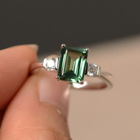 Teal Sapphire Ring Green Sapphire Ring Emerald Cut Sterling - Etsy Blue Green Ring, Silver And Emerald Ring, Three Stone Emerald Ring, Silver Ring With Green Stone, Green Sapphire Engagement Ring Silver, Emerald Silver Engagement Ring, Emerald Cut Sapphire Engagement Ring, Green Engagement Ring Silver, Cringe Wedding