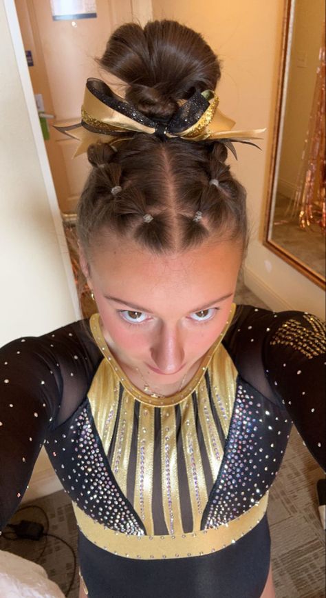 Gymnastics Ponytail Hairstyles, Best Cheer Hairstyles, Cute Gymnastics Hairstyles For Practice, Meet Day Hairstyles Gymnastics, Cheer Comp Hair High Pony, Gymnast Meet Hair, Hair For Competition, Short Gymnastics Hairstyles, Easy Hair For Gymnastics