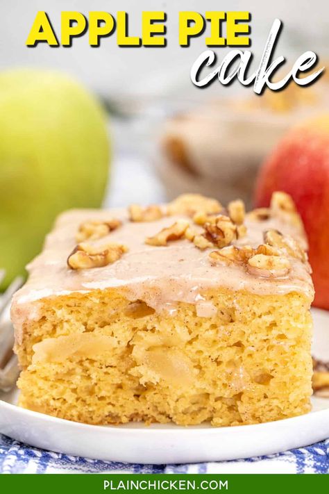 Apple Pie Cake Recipe– This moist, flavorful cake combines spiced apple pie filling with a rich yellow cake mix, topped with a cinnamon-infused frosting that seeps into every bite. Perfect for any occasion, it's easy to make and irresistible to eat. Serve with whipped cream, vanilla ice cream, or a drizzle of caramel for an extra indulgent treat. Apple Pie Cake Recipe, Pie Cake Recipe, Spiced Apple Pie, Yellow Cake Mix Recipes, Lemon Cream Cheese Bars, Apple Pie Cake, Easy Apple Cake, Cake Mix Desserts, Pie Filling Recipes