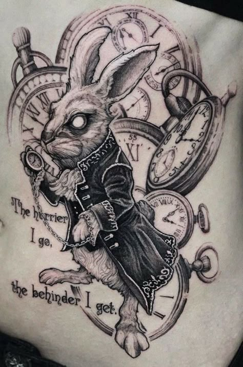 Alice In Wonderland Tattoo Sleeve, Mad Hatter Tattoo, White Rabbit Tattoo, Cheshire Cat Tattoo, Alice In Wonderland Tattoo, Tim Burton Tattoo, Alice In Wonderland Rabbit, Alice And Wonderland Tattoos, Dark Alice In Wonderland