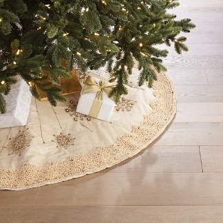 Snowflake Embellished Tree Skirt with Chenille Border Gold Tree Skirt, Embroidered Tree, Floral Christmas Tree, Ornament Storage Box, Luxury Christmas Tree, Ornament Storage, Beaded Snowflakes, Gold Christmas Decorations, Rainbow Crystal