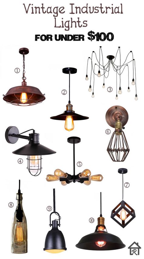 Vintage Industrial Lights for Under $100 Exposed Wood Ceilings, Metal Island, Industrial Lights, Farmhouse Style Furniture, Vintage Industrial Lighting, Wood Beam, Vintage Industrial Decor, Geek Decor, Vintage Light Fixtures