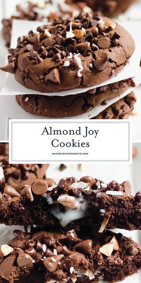 If Almond Joy is your favorite candy bars you will love these EASY Almond Joy Cookies full of chocolate and coconut flavor! Almond Joy Recipes, Almond Joy Desserts, Almond Joy Cookies Recipe, Almond Joy Cookies 4 Ingredients, Almond Joy Truffles Recipe, Almond Joy Cake, Cardamom Cookies, Almond Joy Bars, Amazing Cookie Recipes