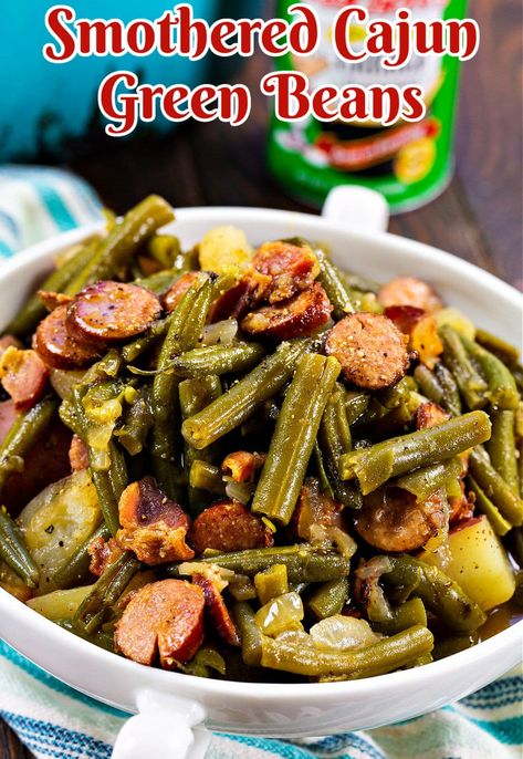 Smothered Green Beans Crockpot, Cajun Green Beans And Sausage, Cajun Green Bean Casserole, Fresh Snap Beans Recipes, Cajun Smothered Green Beans, Cajun Sausage And Potatoes, Fresh Green Bean Recipes Boiled, Cajun Greens, Smothered Green Beans Recipe