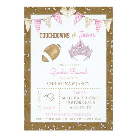 Touchdowns or Tiaras Watercolor Pink Gender Reveal Invitation Pink#Gender#Reveal#Watercolor Purple Gender Reveal, Football Gender Reveal, Pink Gender Reveal, Gender Reveal Cards, Gender Reveal Party Theme, Pretty Watercolor, Gender Reveal Party Decorations, Gender Reveal Invitations, Baby Gender Reveal