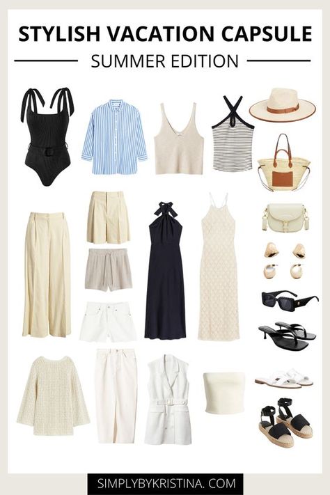 A Minimalistic and Stylish Summer Vacation Capsule Wardrobe  - SimplyByKristina Tropical Wardrobe Capsule, Minimalistic Vacation Outfits, Minimal Packing Travel Summer, Beach Minimalist Outfit, Vacation Outfits Minimalist, Resort Wear Capsule Wardrobe, Minimalist Beach Vacation Outfits, Elegant Minimalist Outfit Summer, Beach Capsule Wardrobe One Suitcase