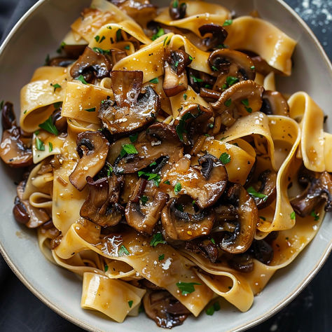 Caramelized Wild Mushroom Pappardelle Pasta, Wild Mushroom Pasta Recipes, Pappardelle With Mushrooms, Mushroom And Onion Pasta, Italian Mushroom Pasta, Italian Mushroom Recipes, Mushroom Ragu Pasta, Beef Pappardelle Recipes, Mushroom Garlic Pasta