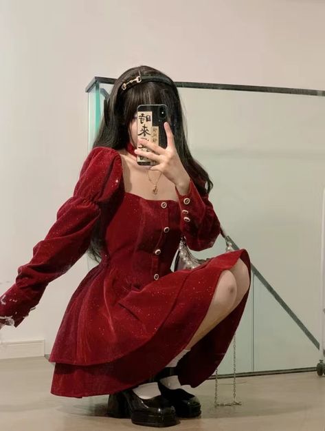 Red Fancy Outfits For Women, Red Christmas Dress Aesthetic, Christmas Aesthetic Dress, Red Dress Aesthetic Casual, Aesthetic Christmas Dress, Christmas Ootd Korean, Red Christmas Outfit Aesthetic, Red Dresses For Christmas, Red Outfit Christmas