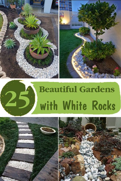 Front Yard Landscaping White Rocks, Landscape Ideas With White Rocks, White Rock Garden Landscaping, Garden Design With Rocks, White Landscape Rock, Garden With White Stones, Flower Bed Rocks Ideas, Landscape With White Rocks, White Marble Chips Landscaping