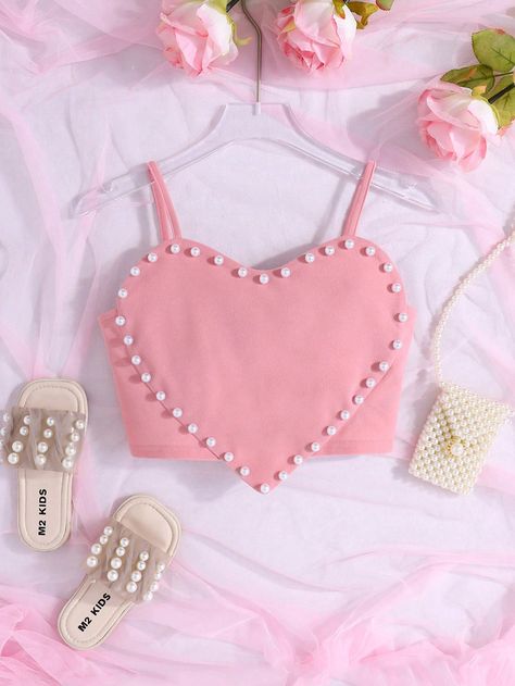 Baby Pink Casual,Party Collar  Knitted Fabric Plain Cami Embellished Slight Stretch  Tween Girls Clothing Heart Corset Top, Pink Heart Top, Crop Top Baby Girl, Carpenter Outfits, Crop Tops For Kids, Sabrina Carpenter Outfits, Top Pearl, Cropped Camisole, Heart Top