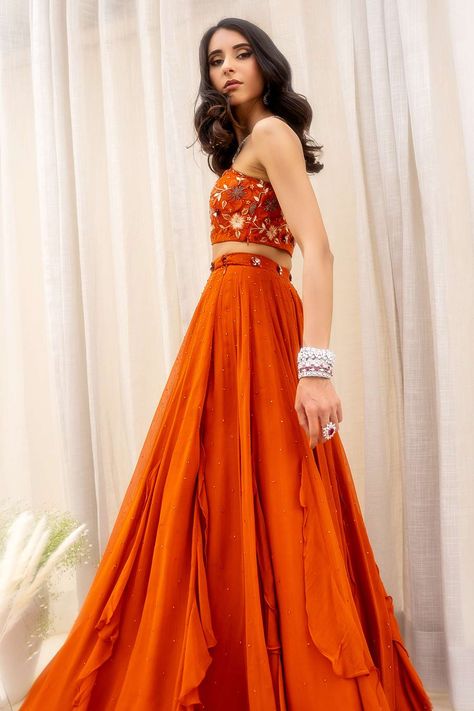 One Shoulder Lehenga, Panelled Lehenga, Applique Patchwork, Gowns Indian, Mehndi Outfits, Blouse Yoke, Asian Dresses, Ruffle Saree, Long Dress Design