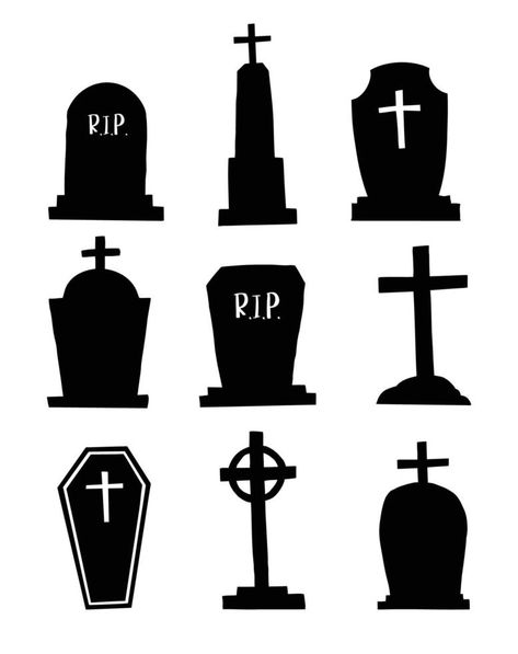 Set of tombstones for halloween objects. Graveyard hand drawn silhouettes on white background. Tombstones For Halloween, Halloween Objects, Tombstone Designs, Halloween Graveyard, Halloween Tombstones, Halloween Silhouettes, Halloween Painting, Zombie Halloween, Halloween Cartoons