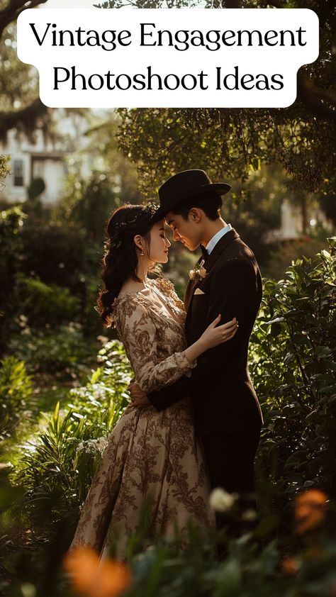 A couple poses in a vintage-style engagement photoshoot, surrounded by historic landmarks and lush gardens, dressed in classic attire with meaningful props, capturing timeless romance and charm. Cute Engagement Photos Ideas Creative, Classy Couple Romantic, Dramatic Engagement Photos, 1920s Engagement Photos, Vintage Couple Photos, Vintage Engagement Photoshoot, Creative Engagement Photo, Engagement Photoshoot Ideas, Historic Landmarks