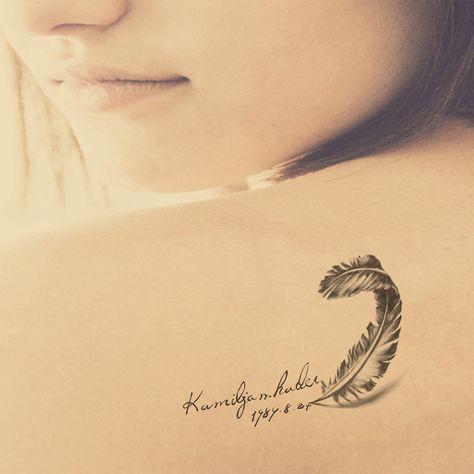 Remembrance Tattoos, Feather Tattoo Design, Writing Tattoos, Best Tattoos For Women, Text Tattoo, Stylist Tattoos, Feather Tattoo, Elephant Tattoos, Spine Tattoos